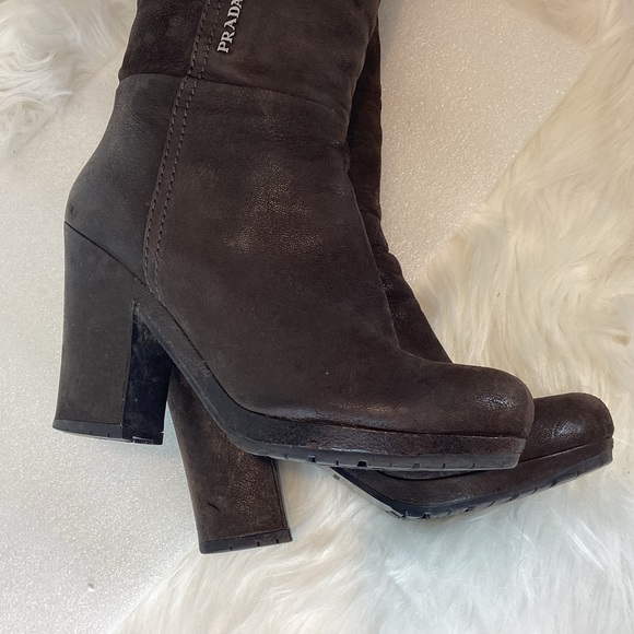 PRADA TALL BOOTS LEATHER CHOCOLATE BROWN BLOCK HEEL SLIGHT SLOUCH SZ 7.5 - Picture 11 of 16